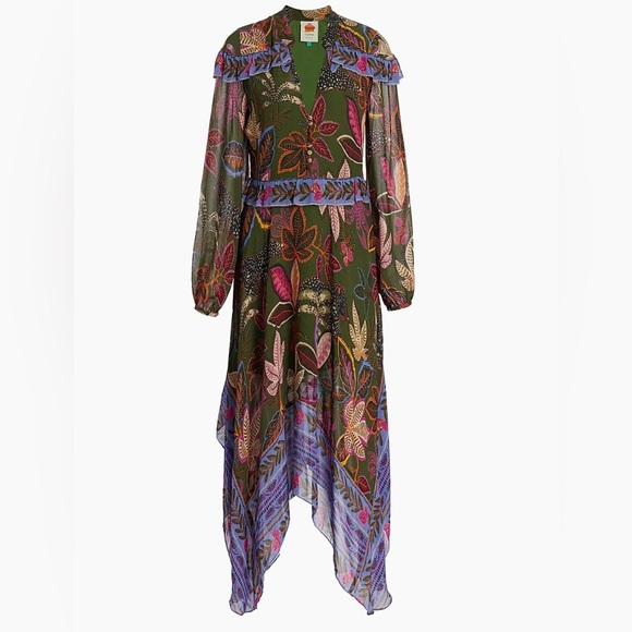 Farm Rio Wild Jungle Handkerchief Midi-Dress Purple Green XS NWT - Picture 3 of 7